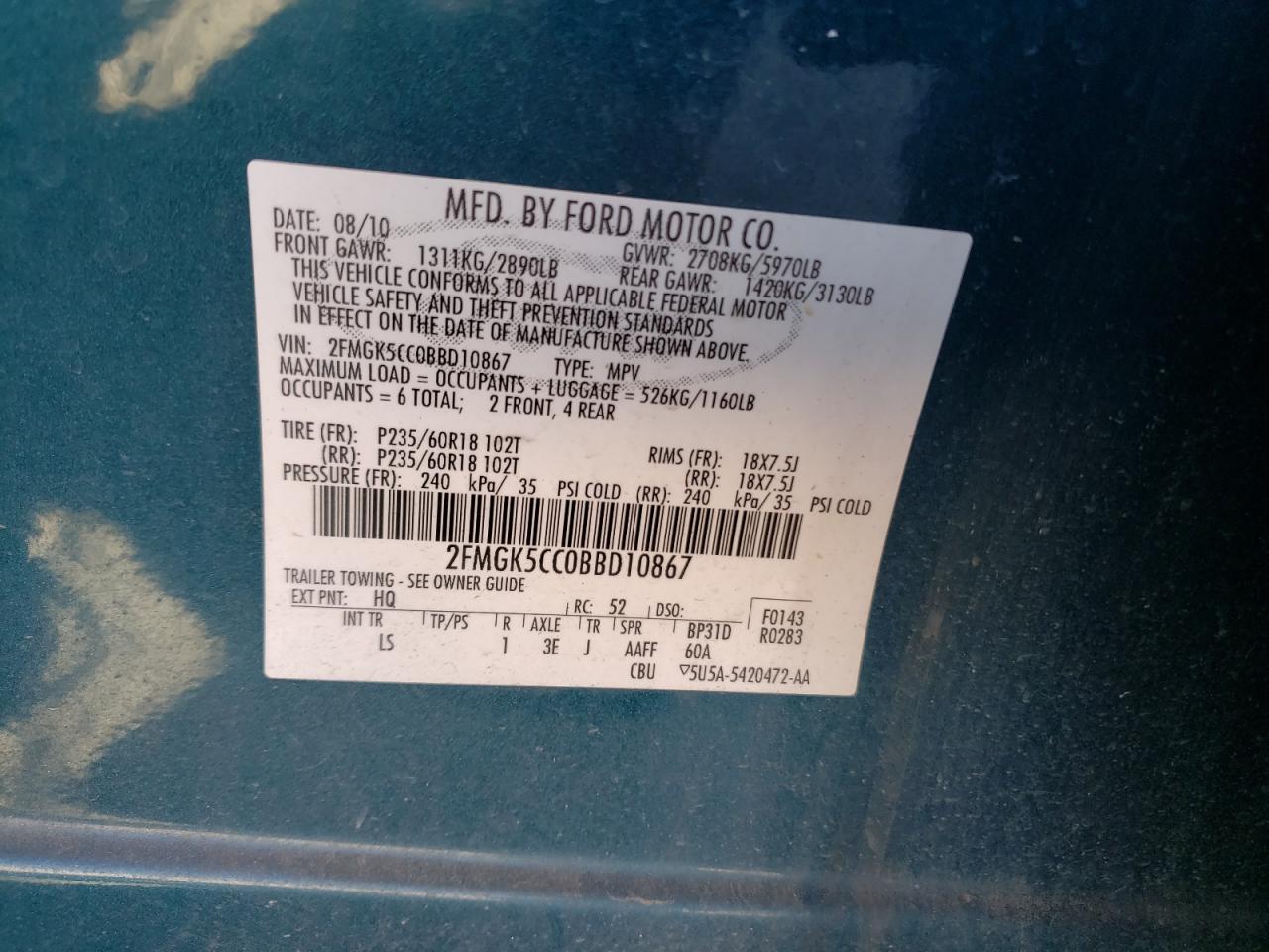 Photo 10 from auction – 2011 FORD FLEX SEL with VIN 2FMGK5CC0BBD10867
