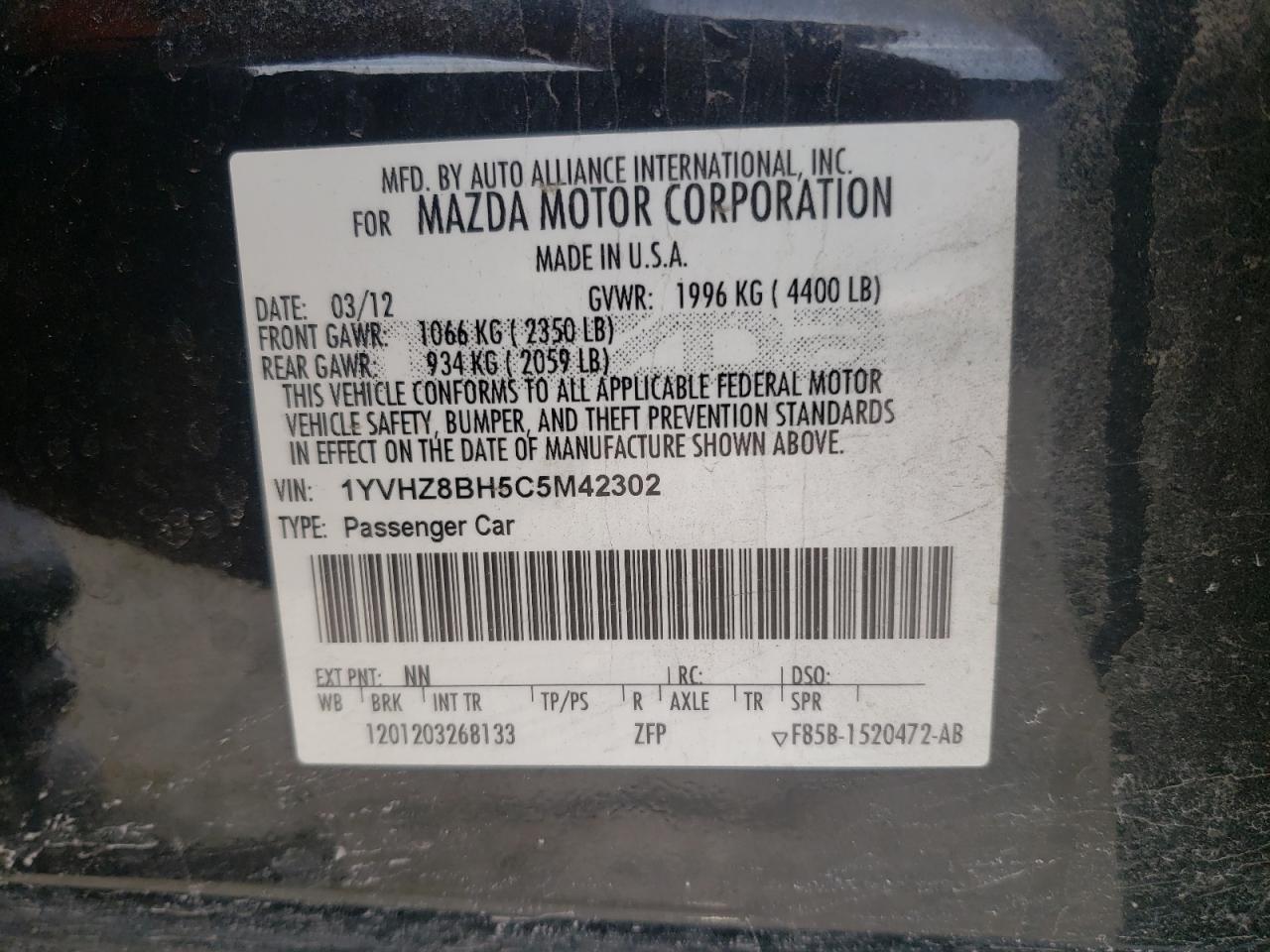 Photo 10 from auction – 2012 MAZDA 6 I with VIN 1YVHZ8BH5C5M42302