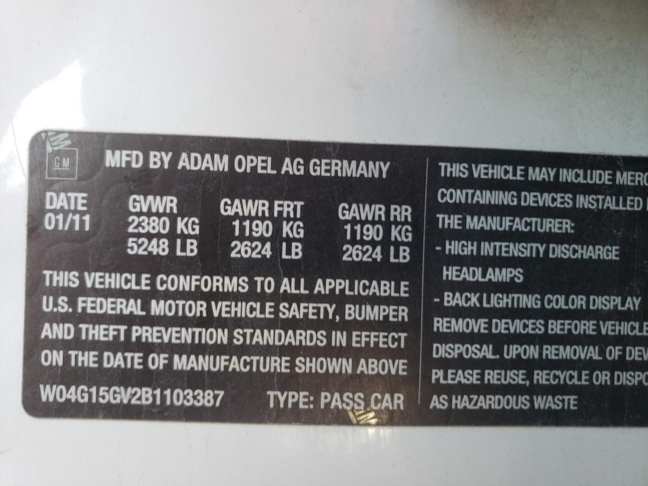 Photo 10 from auction – 2011 BUICK REGAL CXL with VIN W04G15GV2B1103387