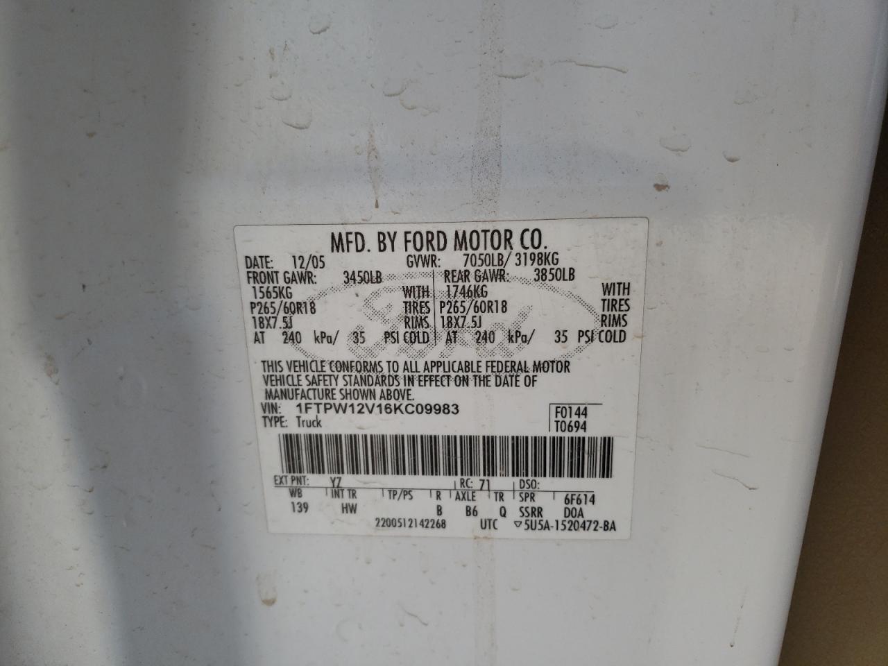 Photo 10 from auction – 2006 FORD F150 SUPER with VIN 1FTPW12V16KC09983