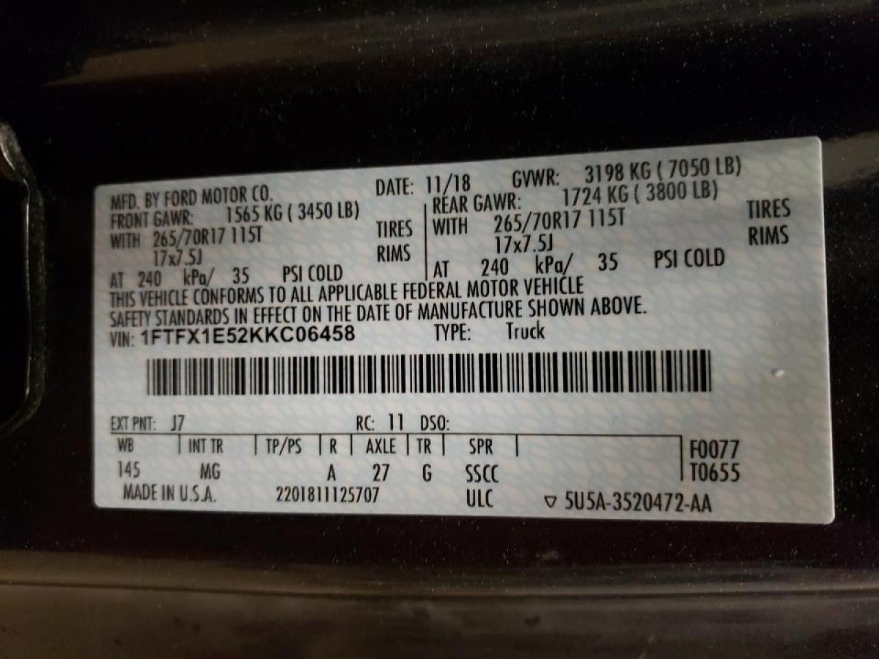 Photo 10 from auction – 2019 FORD F150 SUPER with VIN 1FTFX1E52KKC06458