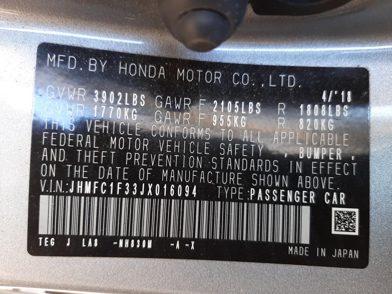 Photo 10 from auction – 2018 HONDA CIVIC EX with VIN JHMFC1F33JX016094