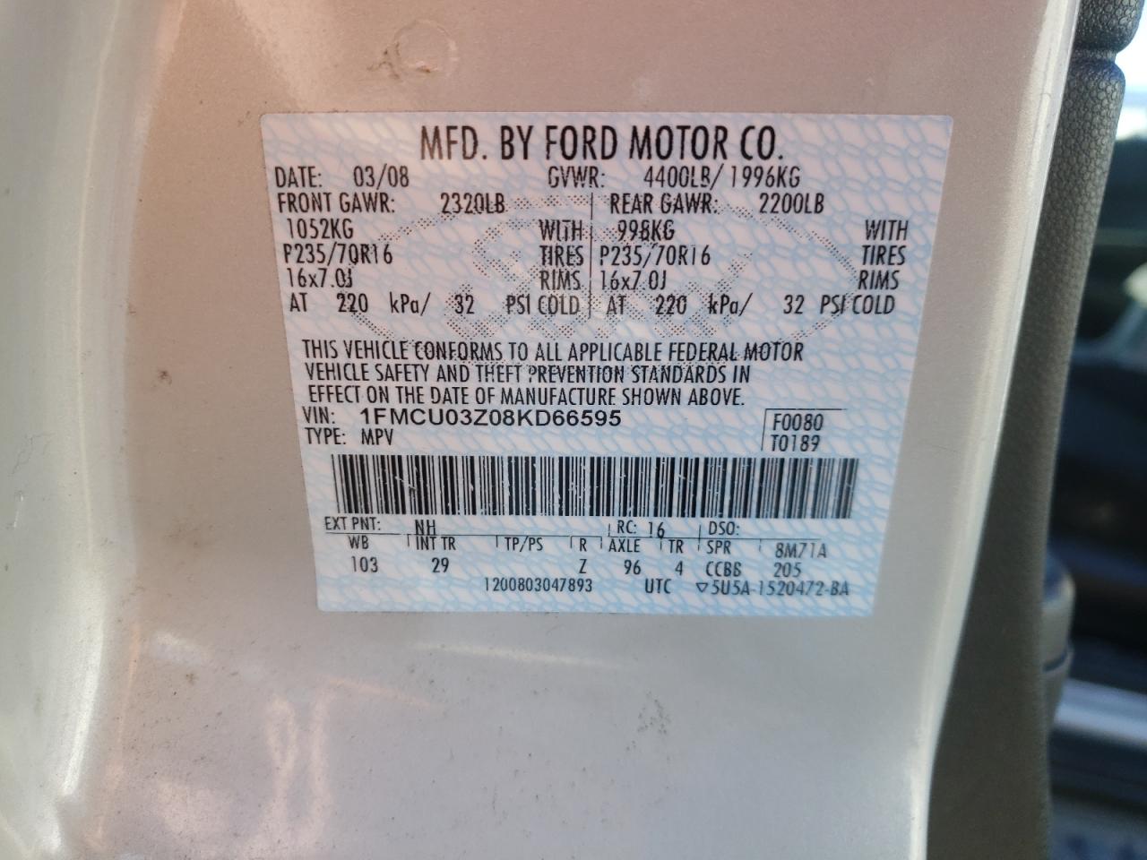 Photo 10 from auction – 2008 FORD ESCAPE XLT with VIN 1FMCU03Z08KD66595