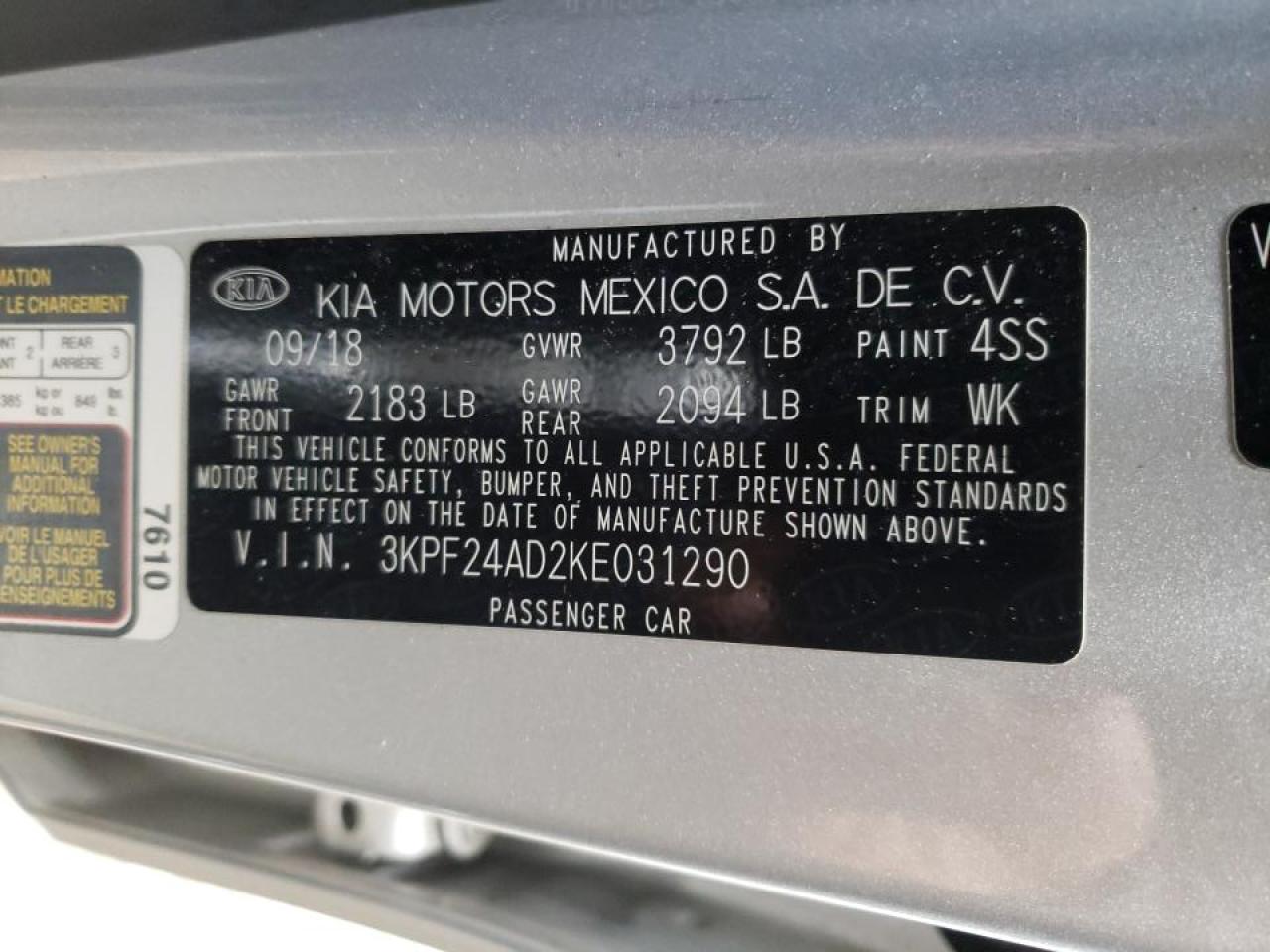Photo 10 from auction – 2019 KIA FORTE FE with VIN 3KPF24AD2KE031290