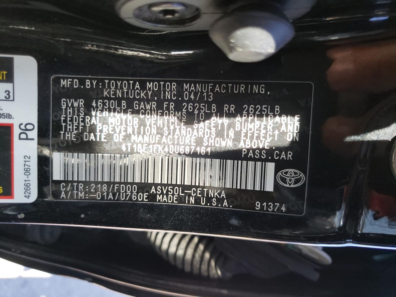 Photo 10 from auction – 2013 TOYOTA CAMRY L with VIN 4T1BF1FK4DU687161
