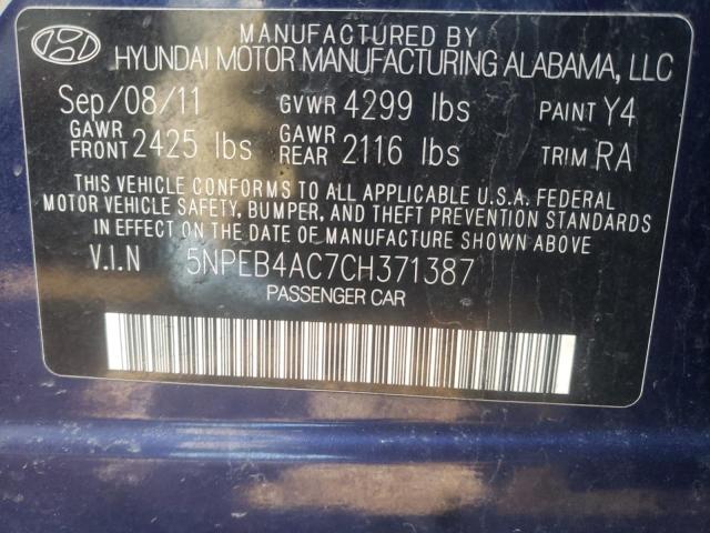Photo 10 from auction – 2012 HYUNDAI SONATA GLS with VIN 5NPEB4AC7CH371387
