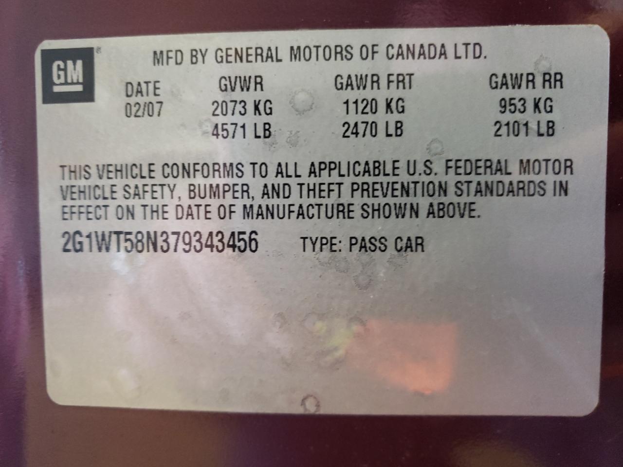 Photo 10 from auction – 2007 CHEVROLET IMPALA LT with VIN 2G1WT58N379343456