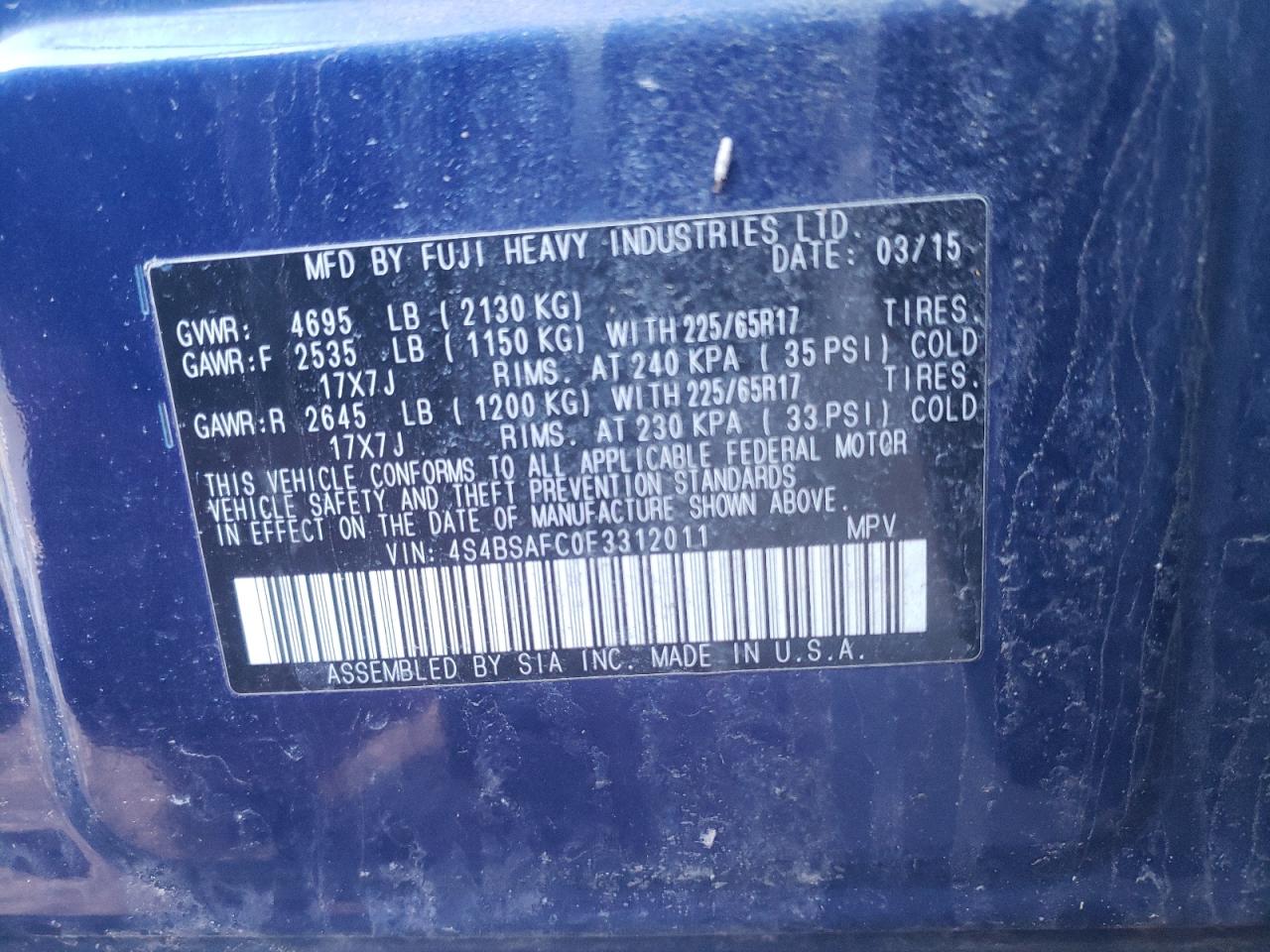 Photo 10 from auction – 2015 SUBARU OUTBACK 2. with VIN 4S4BSAFC0F3312011