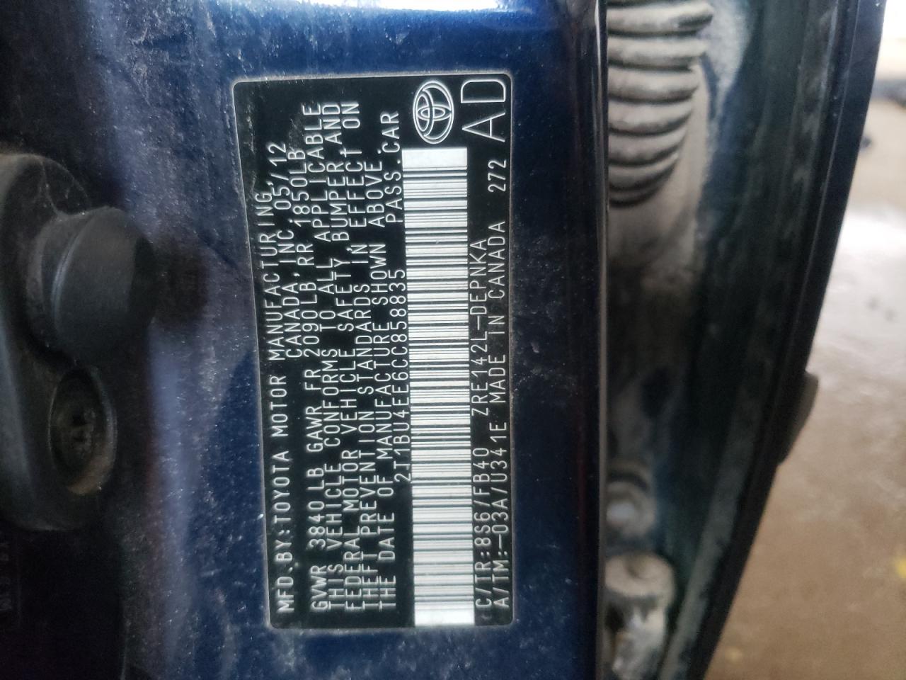 Photo 10 from auction – 2012 TOYOTA COROLLA BA with VIN 2T1BU4EE6CC858835