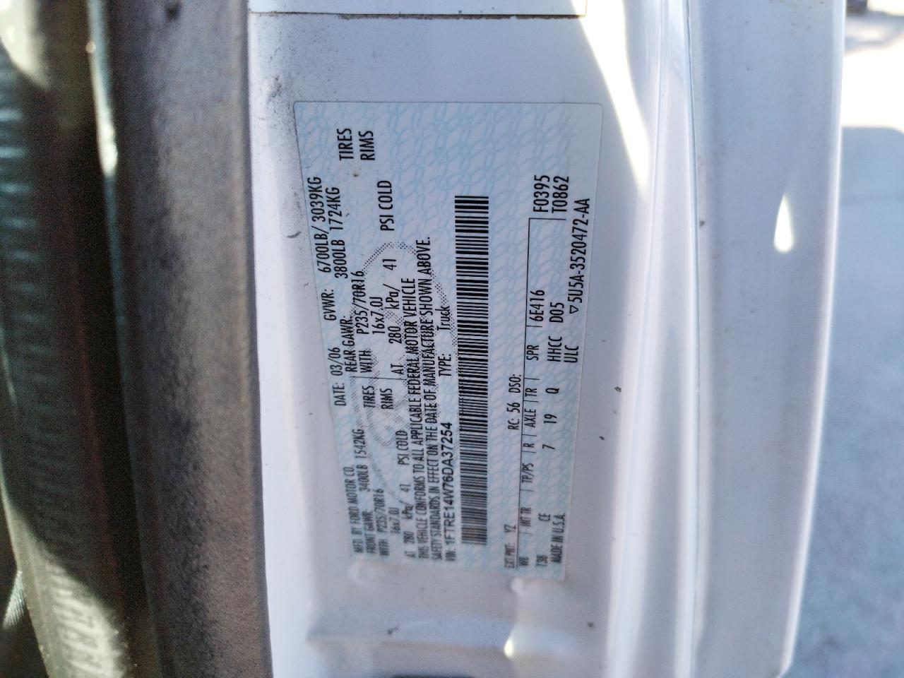 Zdjęcie 10 z aukcji – 2006 FORD ECONOLINE z VIN 1FTRE14W76DA37254