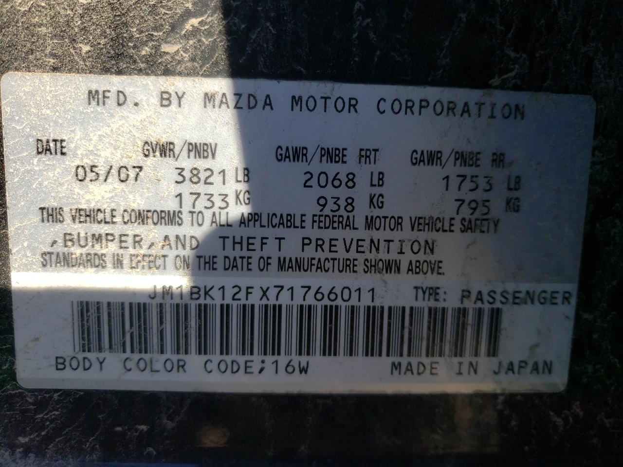 Photo 10 from auction – 2007 MAZDA 3 I with VIN JM1BK12FX71766011