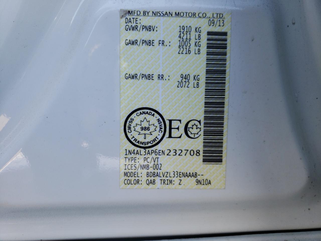 Photo 10 from auction – 2014 NISSAN ALTIMA 2.5 with VIN 1N4AL3AP6EN232708