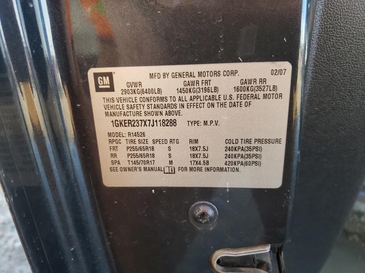 Photo 10 from auction – 2007 GMC ACADIA SLT with VIN 1GKER237X7J118288