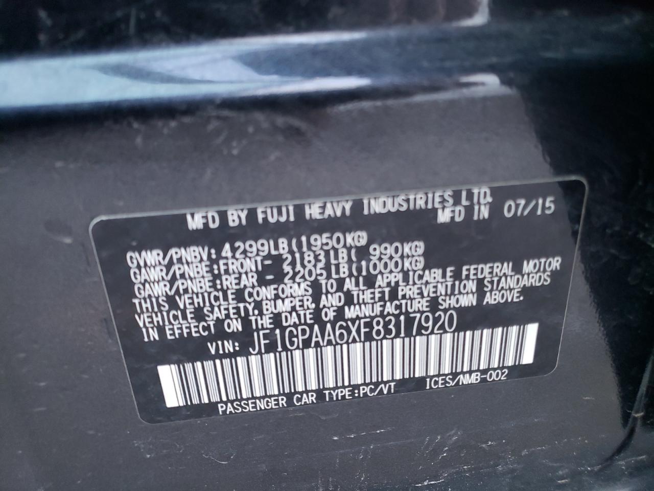Photo 10 from auction – 2015 SUBARU IMPREZA with VIN JF1GPAA6XF8317920