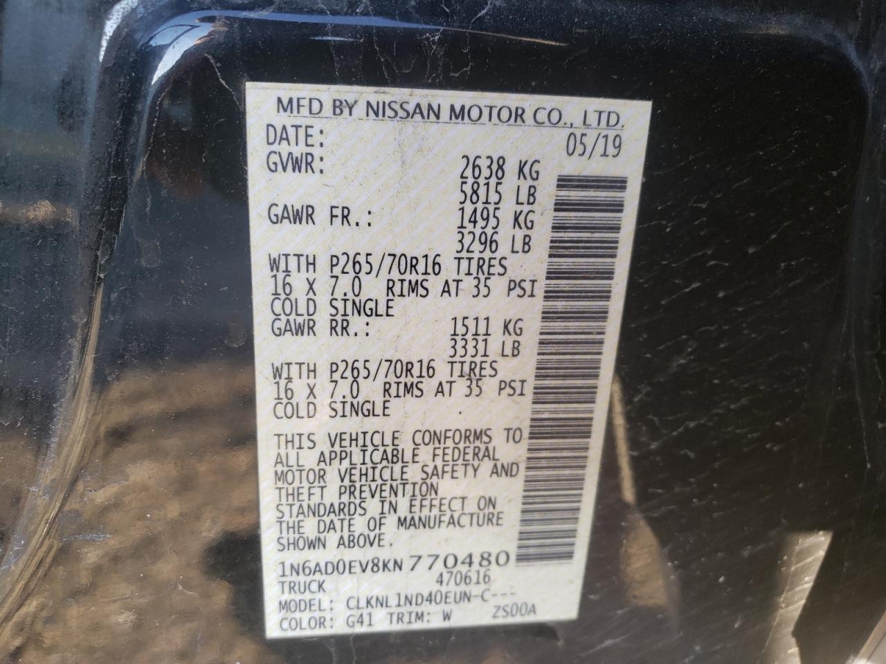 Photo 10 from auction – 2019 NISSAN FRONTIER S with VIN 1N6AD0EV8KN770480
