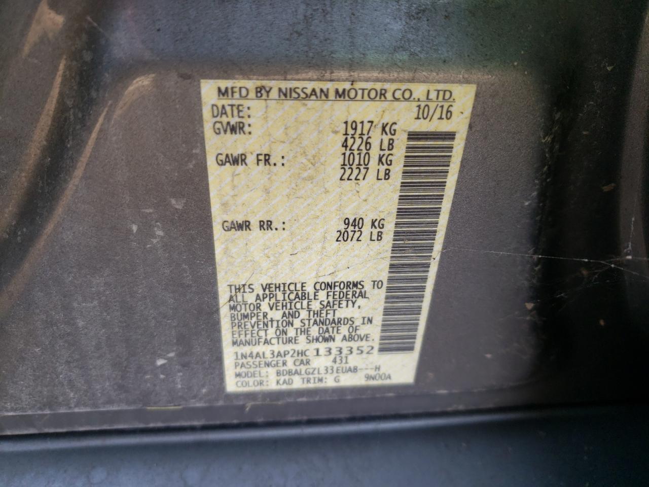 Photo 10 from auction – 2017 NISSAN ALTIMA 2.5 with VIN 1N4AL3AP2HC133352