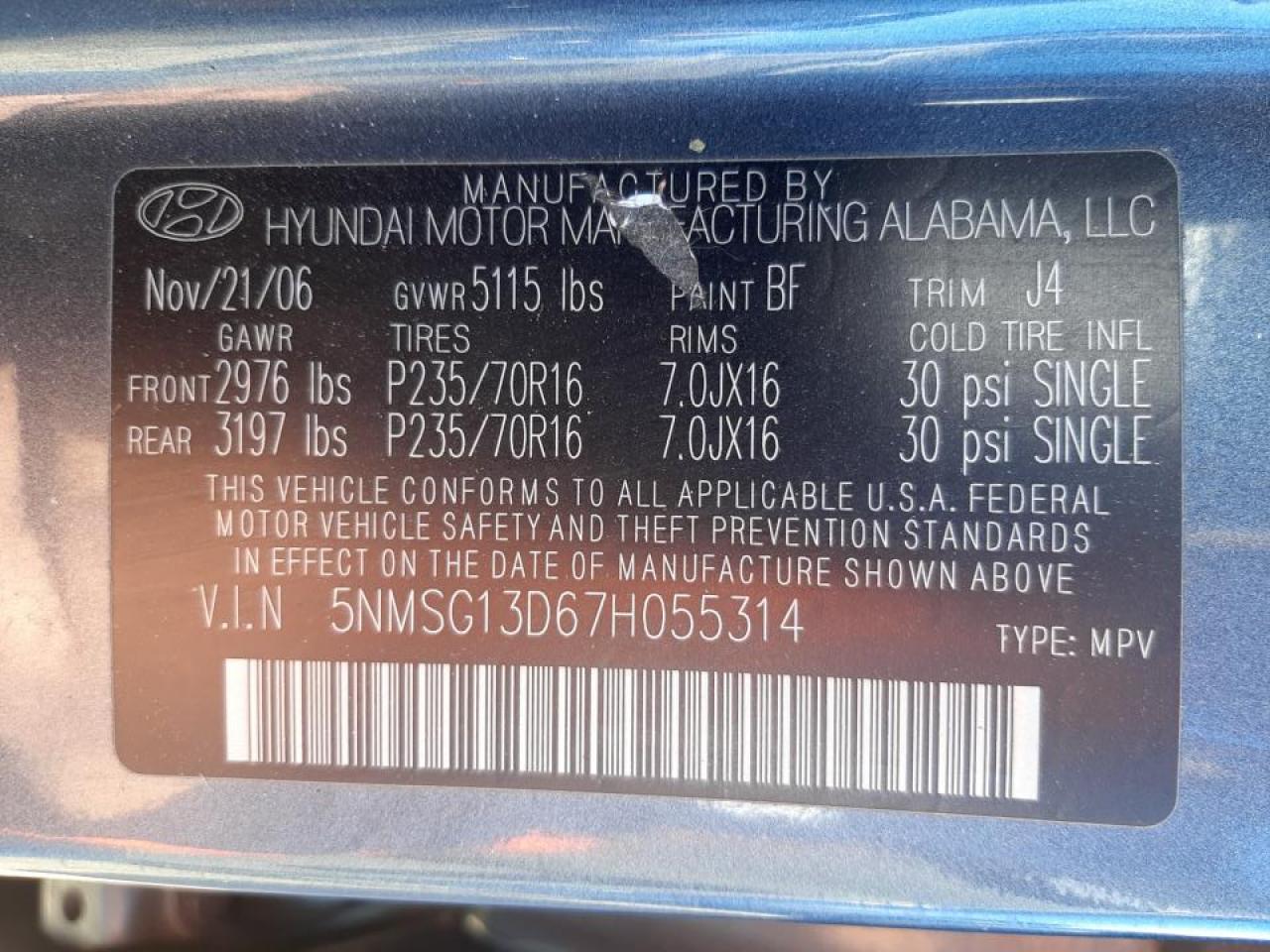 Photo 10 from auction – 2007 HYUNDAI SANTA FE G with VIN 5NMSG13D67H055314