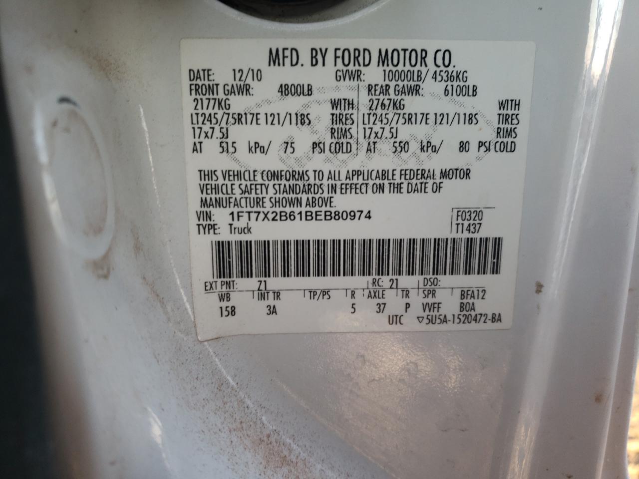 Photo 10 from auction – 2011 FORD F250 SUPER with VIN 1FT7X2B61BEB80974