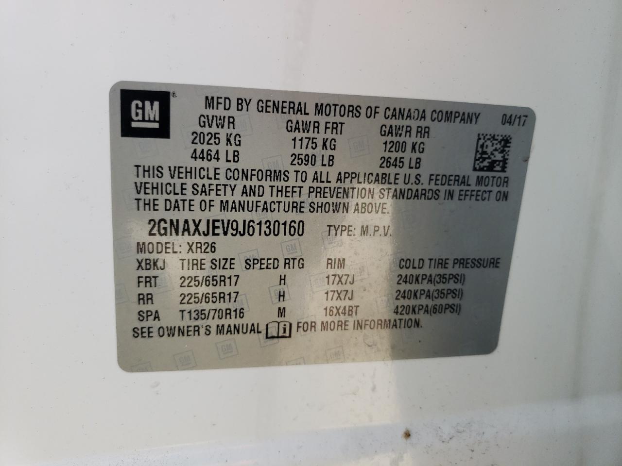 Photo 10 from auction – 2018 CHEVROLET EQUINOX LT with VIN 2GNAXJEV9J6130160