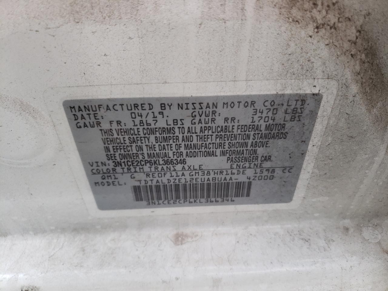 Photo 10 from auction – 2019 NISSAN VERSA NOTE with VIN 3N1CE2CP6KL366346