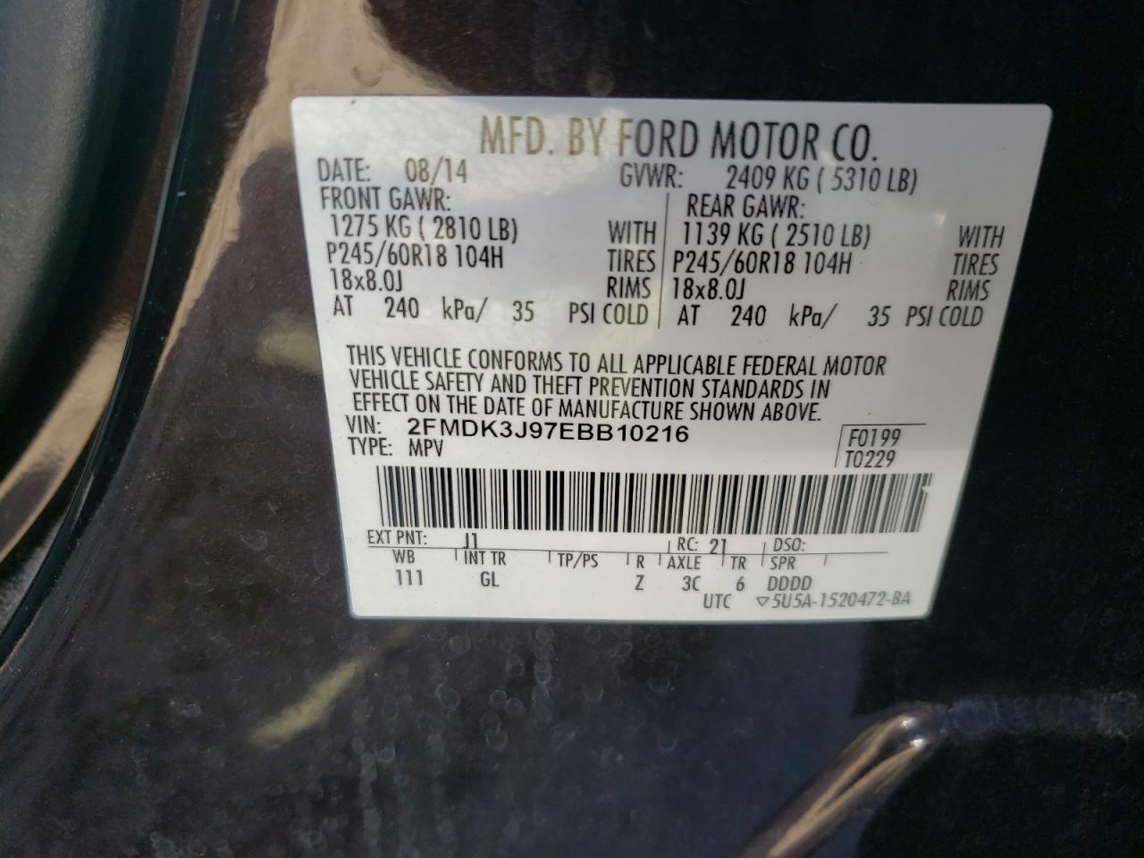 Photo 10 from auction – 2014 FORD EDGE with VIN 2FMDK3J97EBB10216