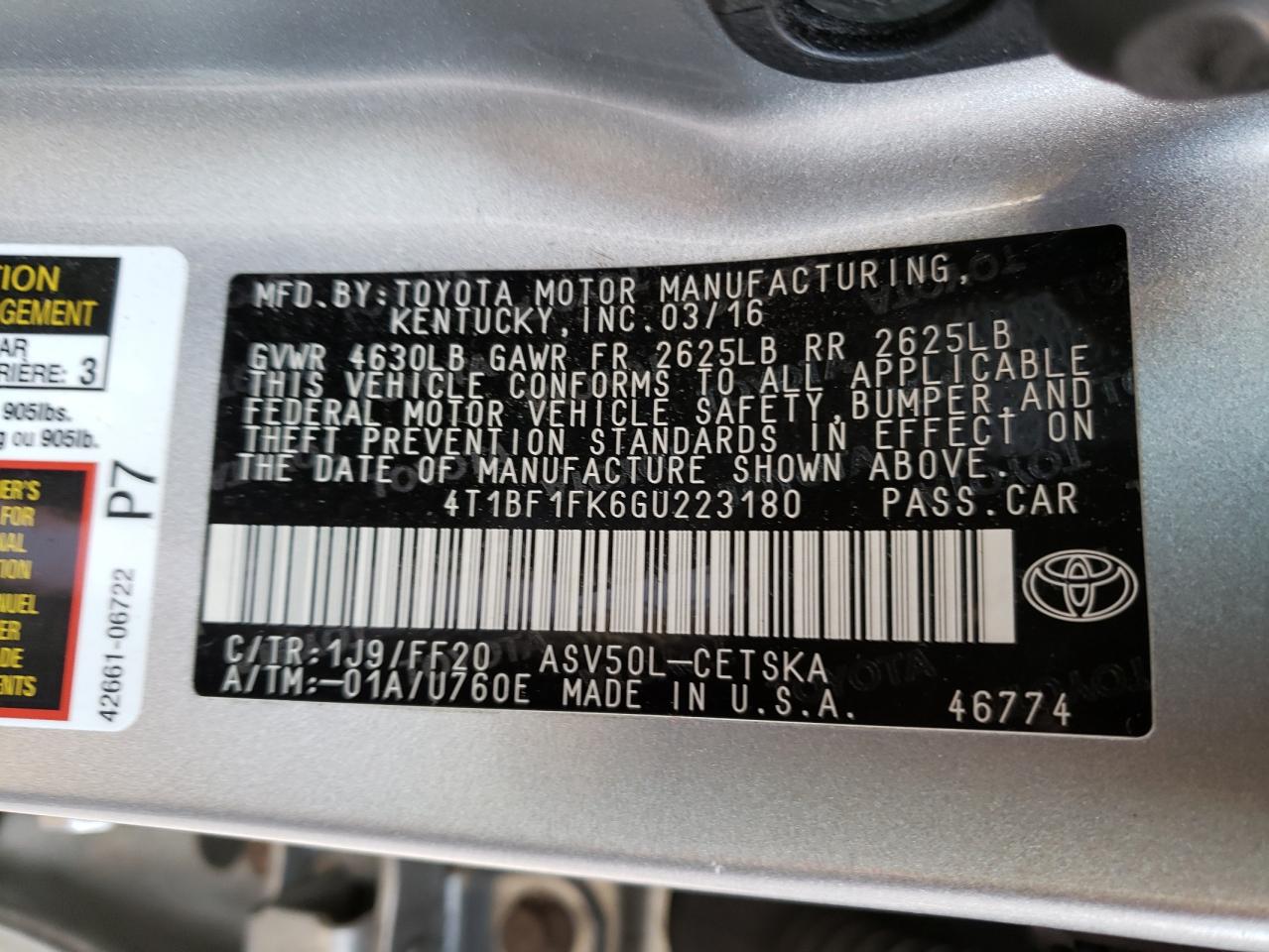 Photo 10 from auction – 2016 TOYOTA CAMRY LE with VIN 4T1BF1FK6GU223180