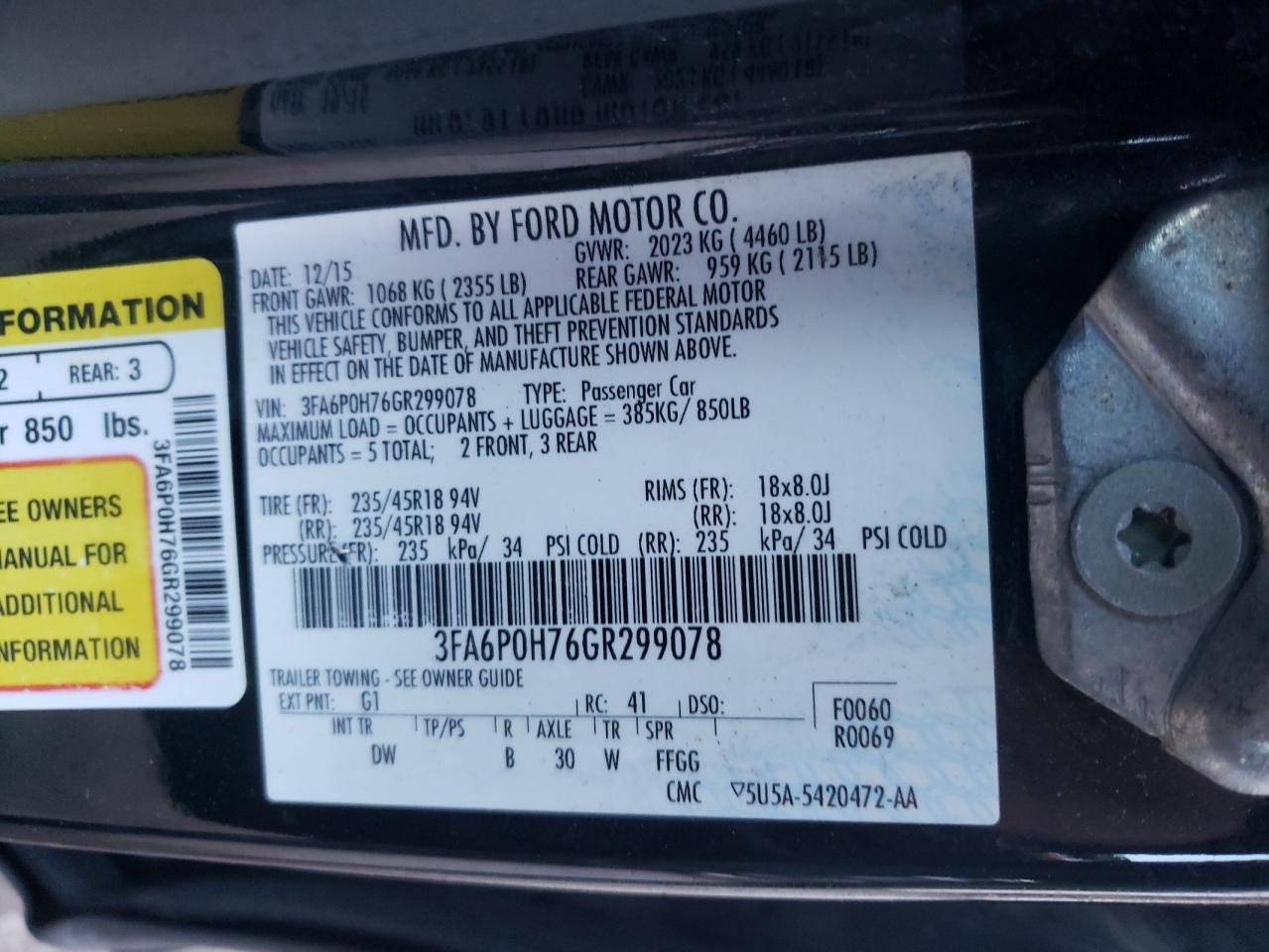 Photo 10 from auction – 2016 FORD FUSION SE with VIN 3FA6P0H76GR299078