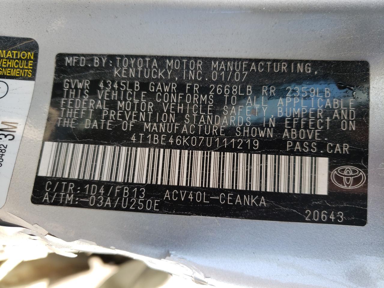Photo 10 from auction – 2007 TOYOTA CAMRY CE with VIN 4T1BE46K07U111219