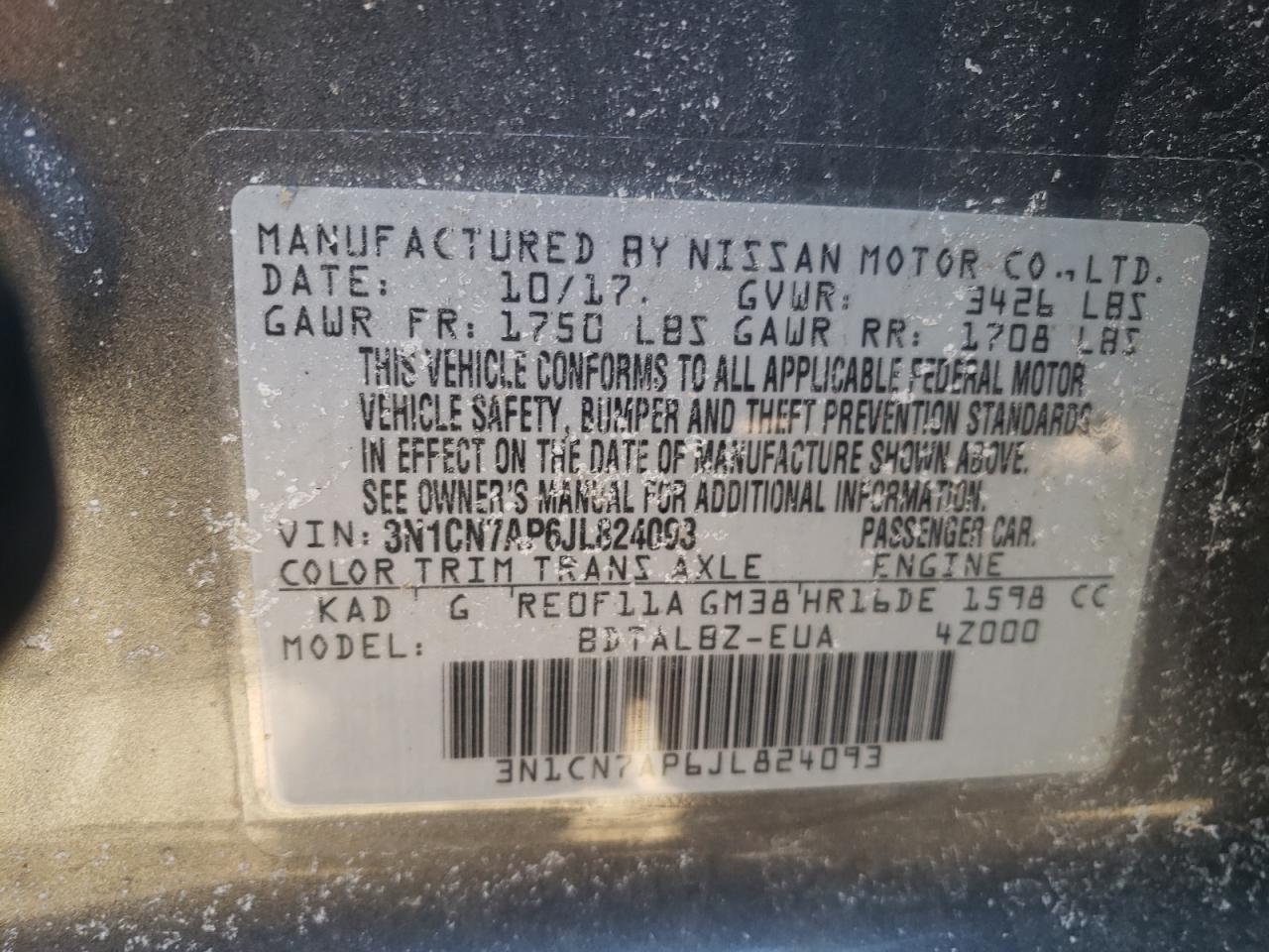 Photo 10 from auction – 2018 NISSAN VERSA S with VIN 3N1CN7AP6JL824093