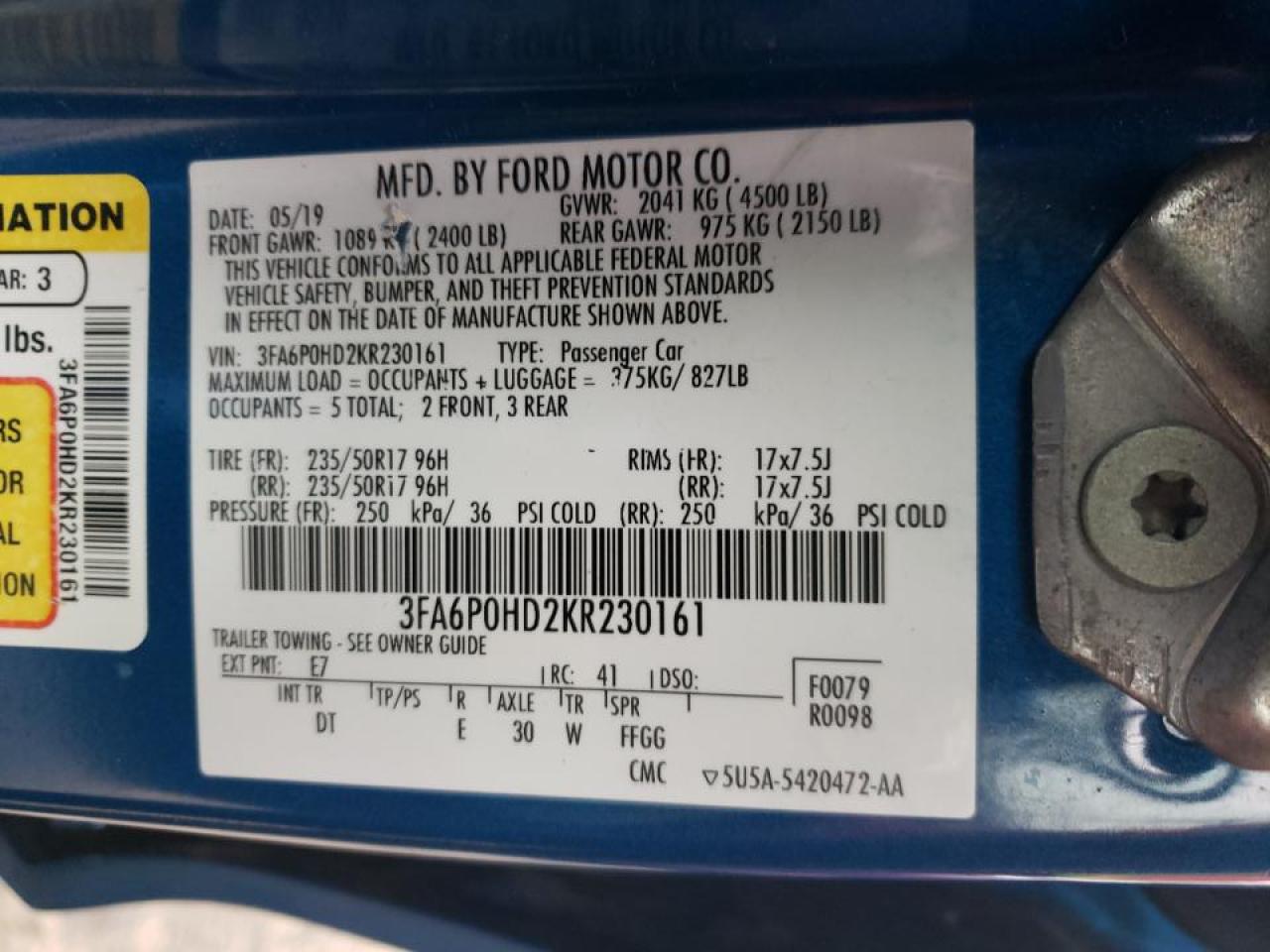 Photo 10 from auction – 2019 FORD FUSION SE with VIN 3FA6P0HD2KR230161
