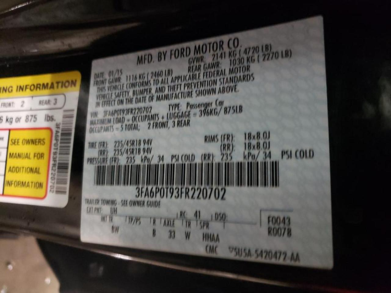 Photo 10 from auction – 2015 FORD FUSION SE with VIN 3FA6P0T93FR220702