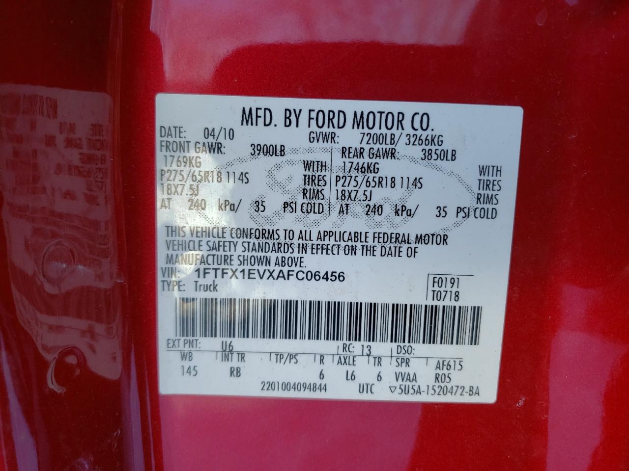 Photo 10 from auction – 2010 FORD F150 SUPER with VIN 1FTFX1EVXAFC06456