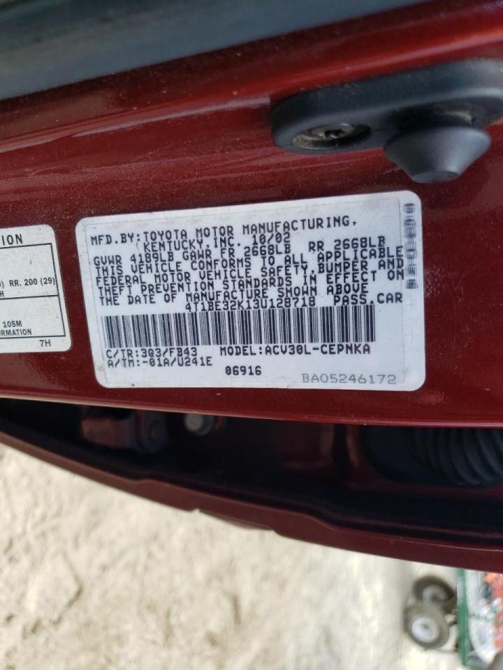 Photo 10 from auction – 2003 TOYOTA CAMRY LE with VIN 4T1BE32K13U128718