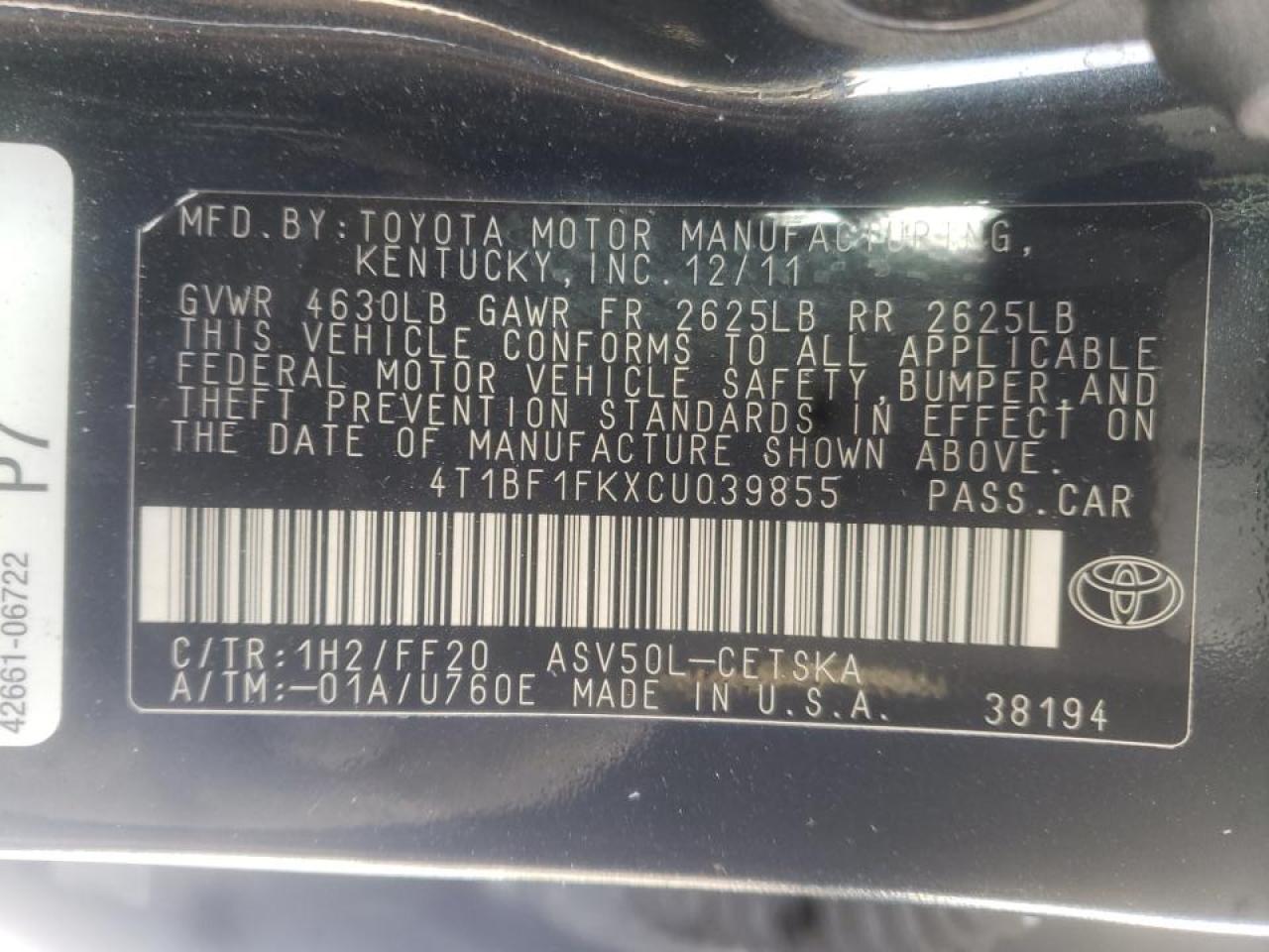 Photo 10 from auction – 2012 TOYOTA CAMRY BASE with VIN 4T1BF1FKXCU039855