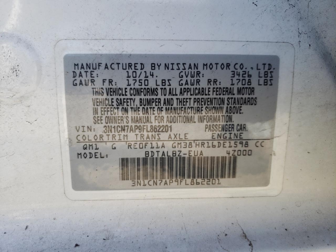Photo 10 from auction – 2015 NISSAN VERSA S with VIN 3N1CN7AP9FL862201