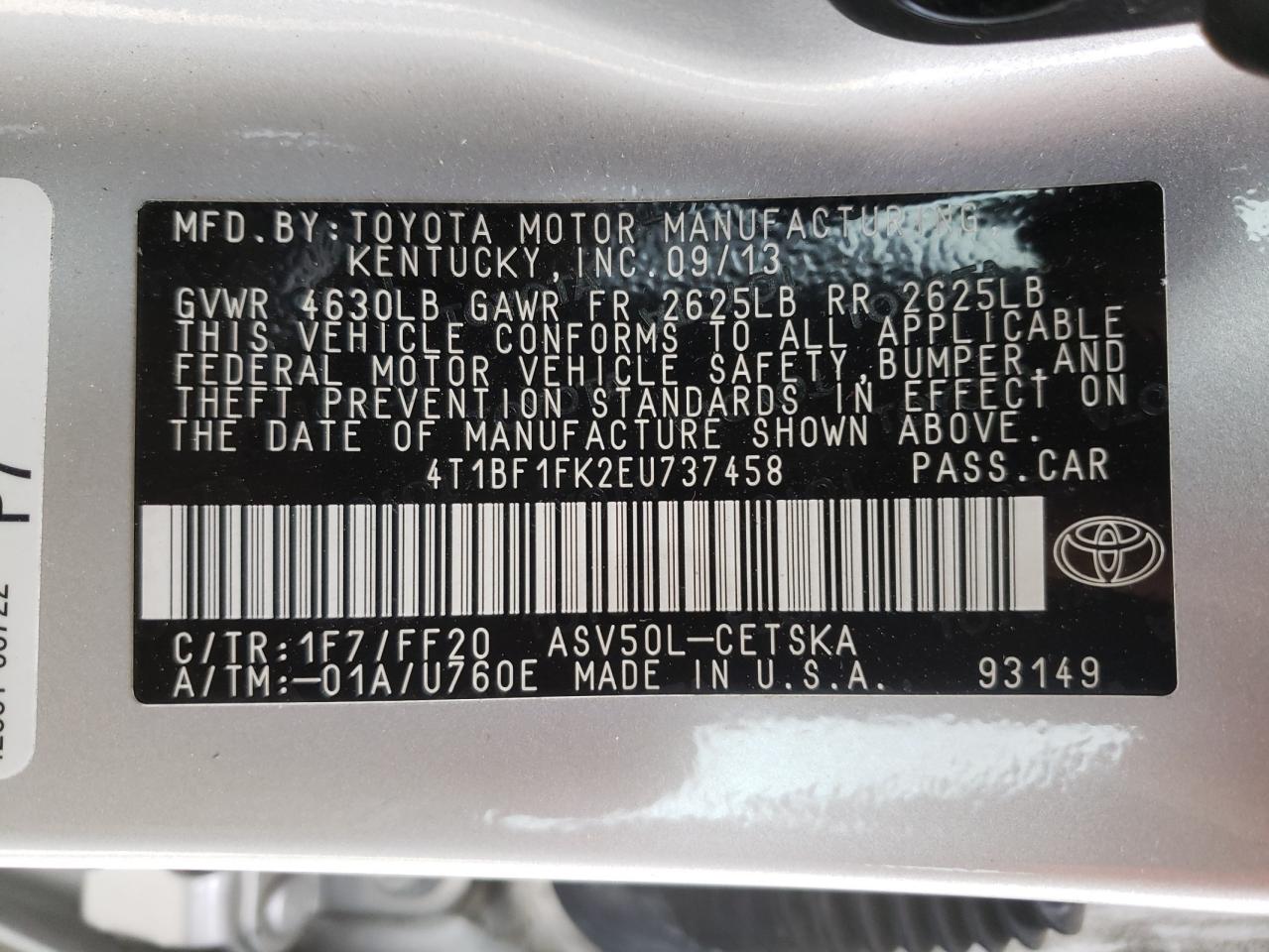 Photo 10 from auction – 2014 TOYOTA CAMRY L with VIN 4T1BF1FK2EU737458