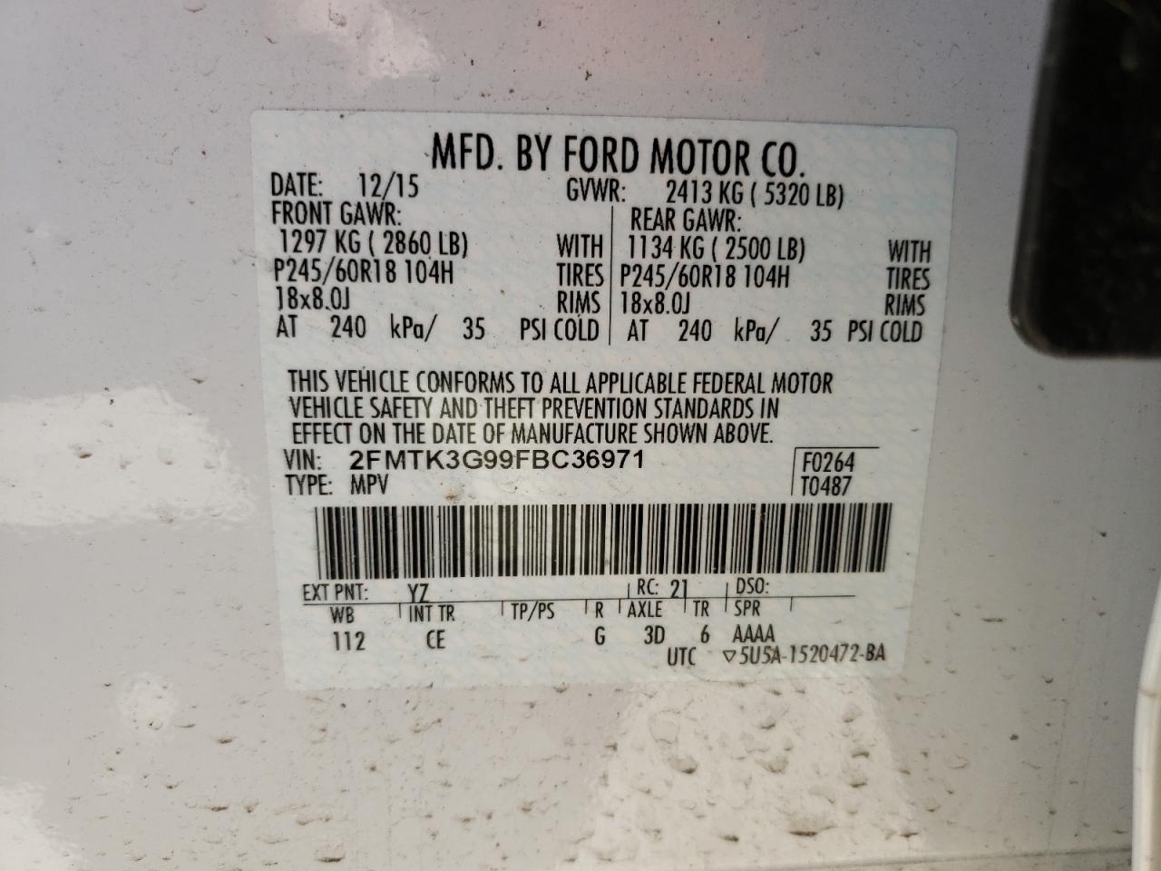 Photo 10 from auction – 2015 FORD EDGE SE with VIN 2FMTK3G99FBC36971