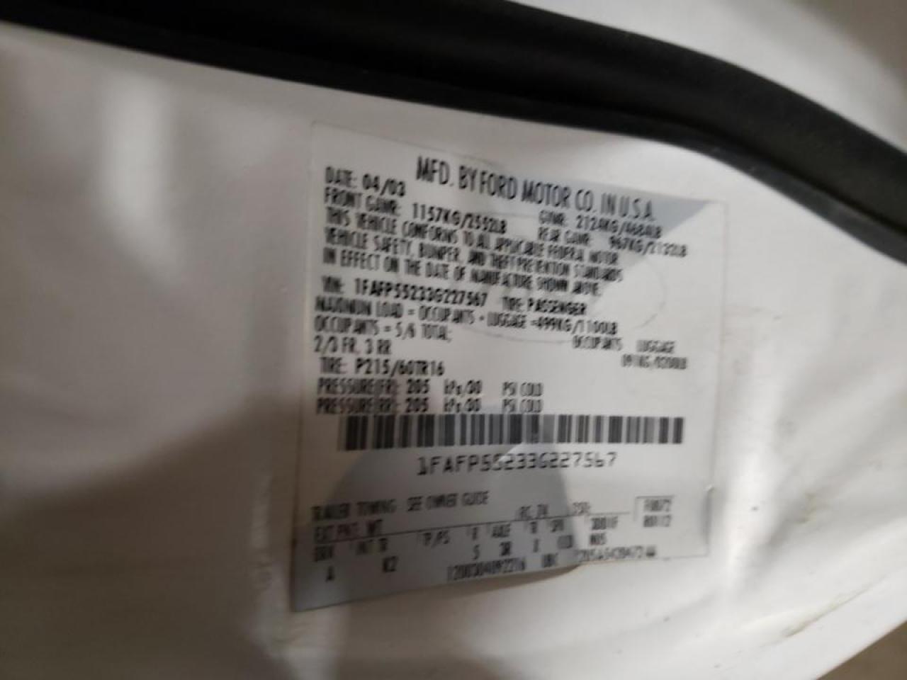 Photo 10 from auction – 2003 FORD TAURUS SES with VIN 1FAFP55233G227567