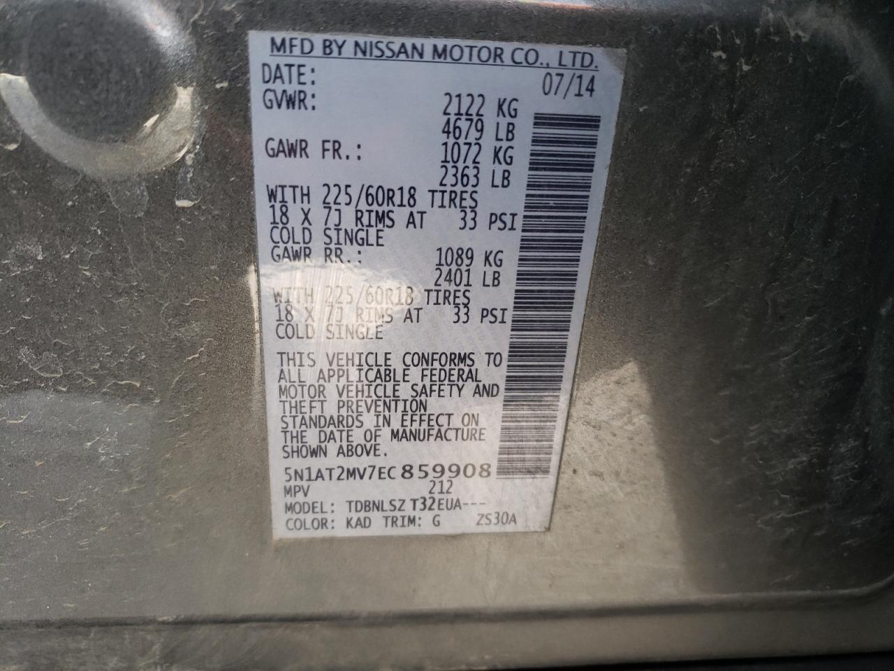 Photo 10 from auction – 2014 NISSAN ROGUE S with VIN 5N1AT2MV7EC859908