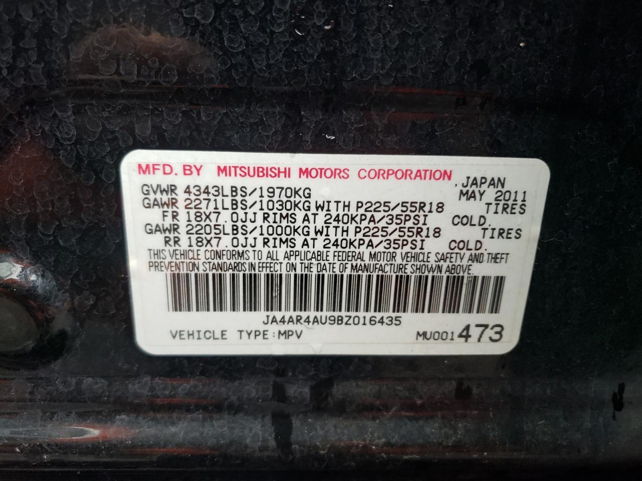 Photo 10 from auction – 2011 MITSUBISHI OUTLANDER with VIN JA4AR4AU9BZ016435
