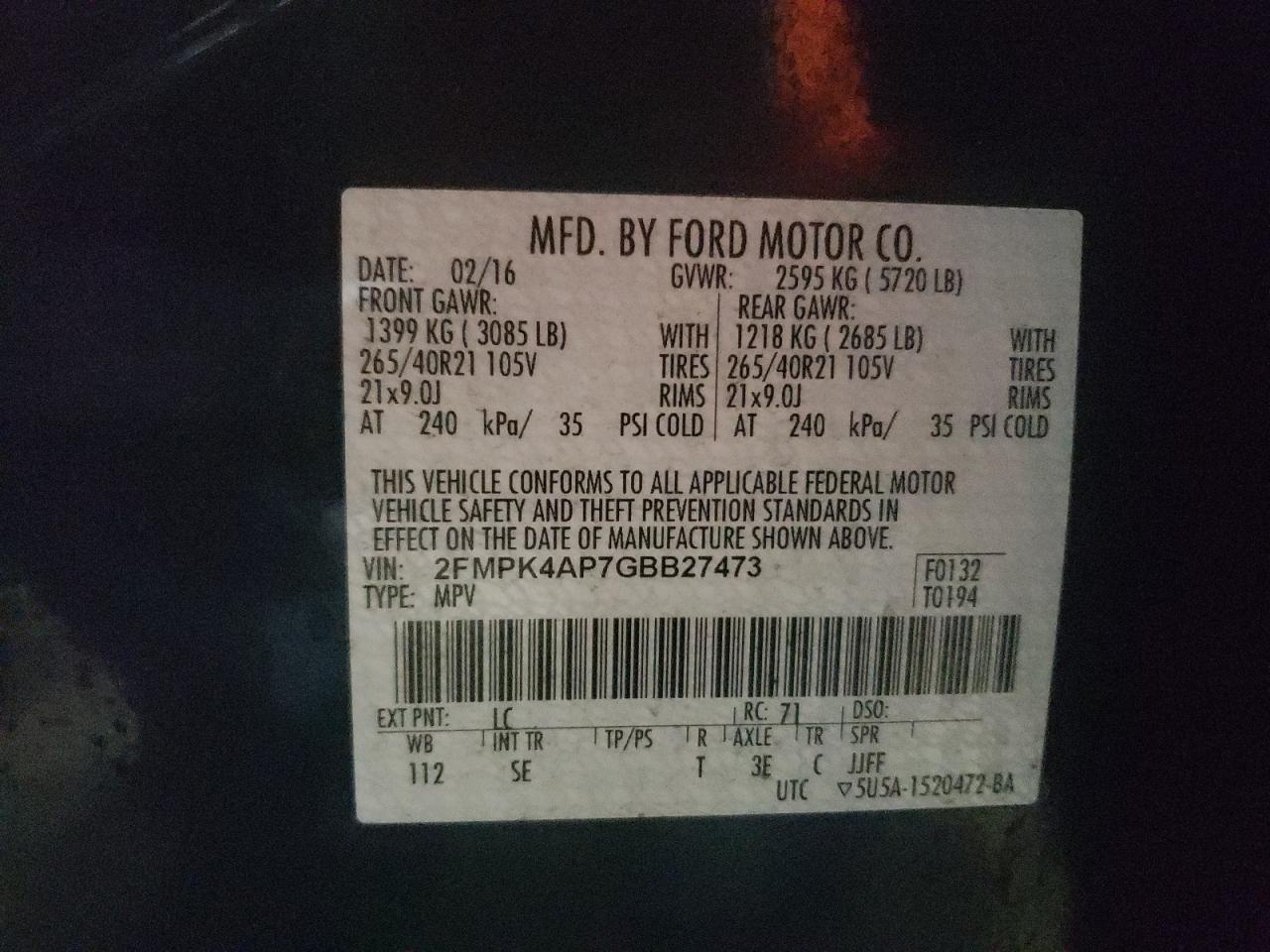 Photo 10 from auction – 2016 FORD EDGE SPORT with VIN 2FMPK4AP7GBB27473