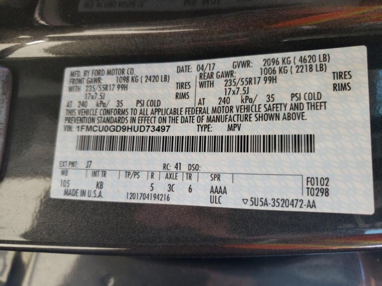 Photo 10 from auction – 2017 FORD ESCAPE SE with VIN 1FMCU0GD9HUD73497