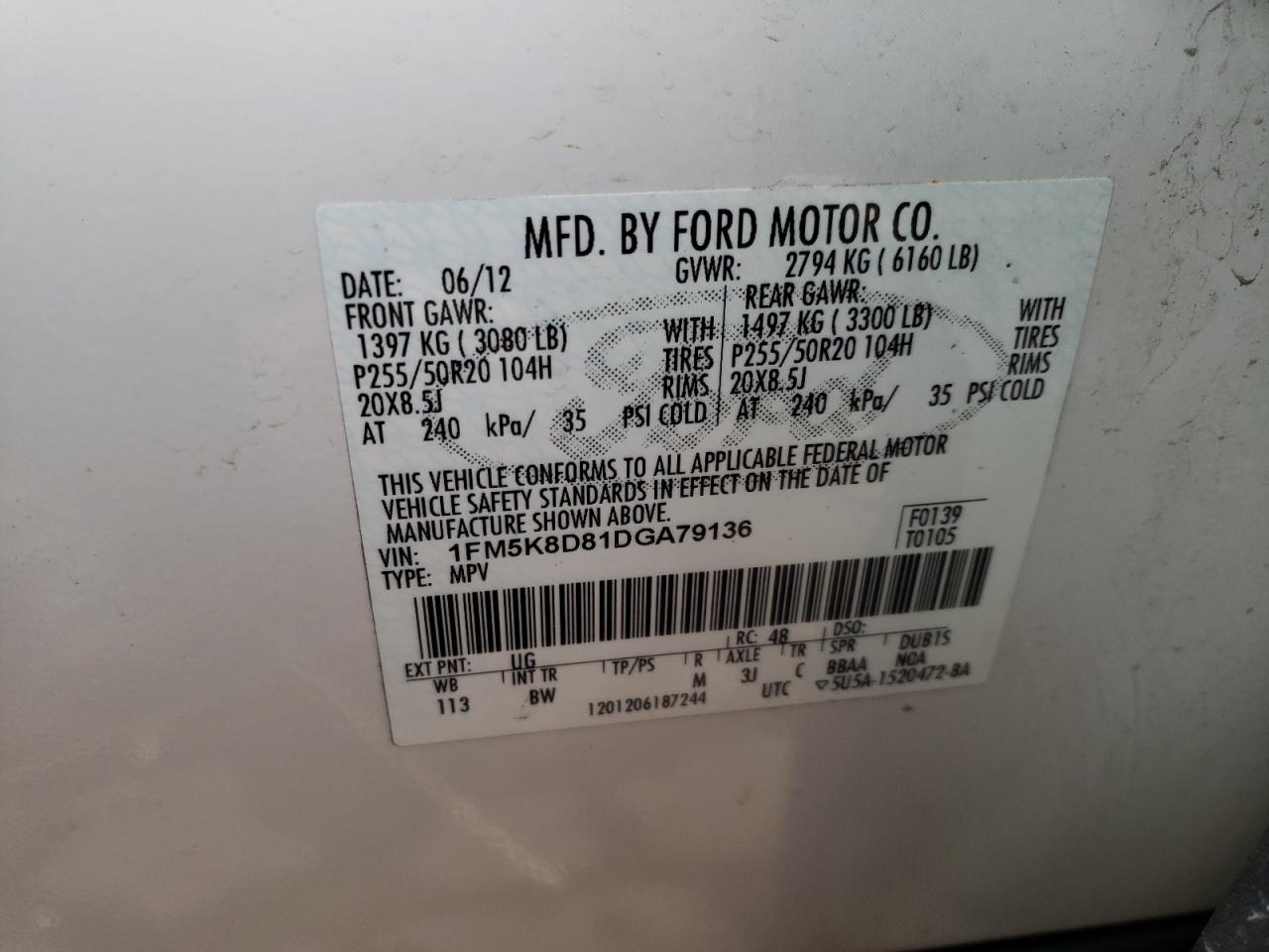 Photo 10 from auction – 2013 FORD EXPLORER X with VIN 1FM5K8D81DGA79136
