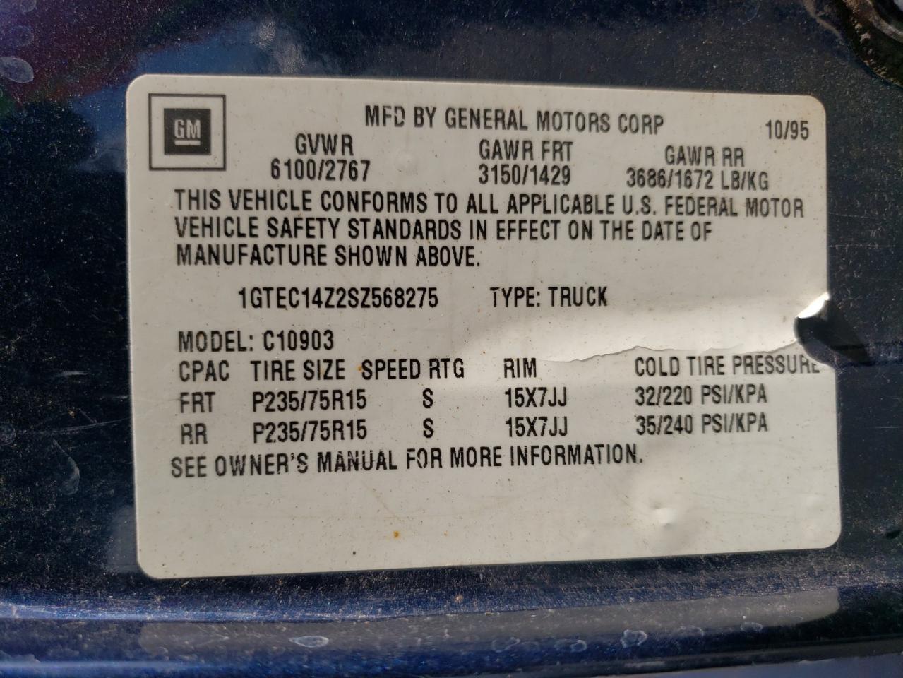 Photo 10 from auction – 1995 GMC SIERRA C15 with VIN 1GTEC14Z2SZ568275