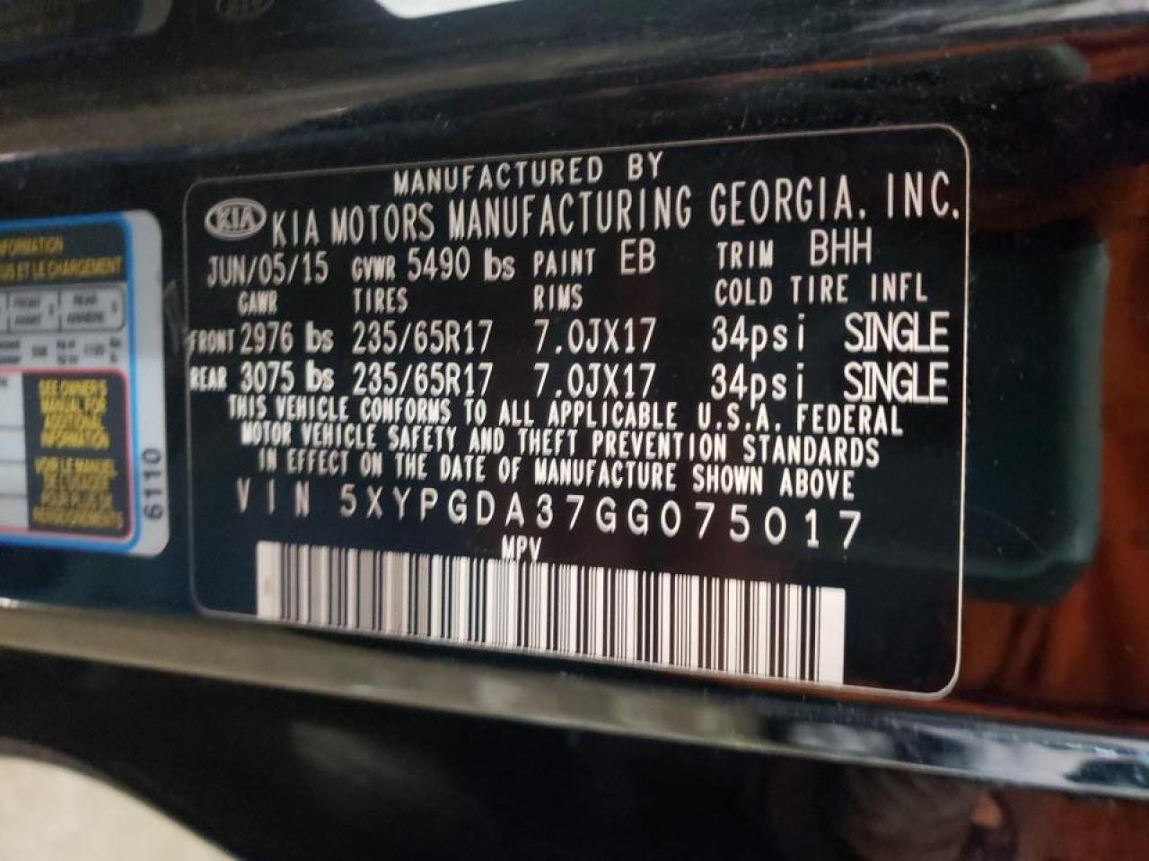 Photo 10 from auction – 2016 KIA SORENTO LX with VIN 5XYPGDA37GG075017
