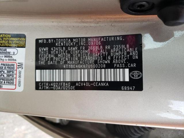 Photo 10 from auction – 2007 TOYOTA CAMRY CE with VIN 4T1BE46K87U600208