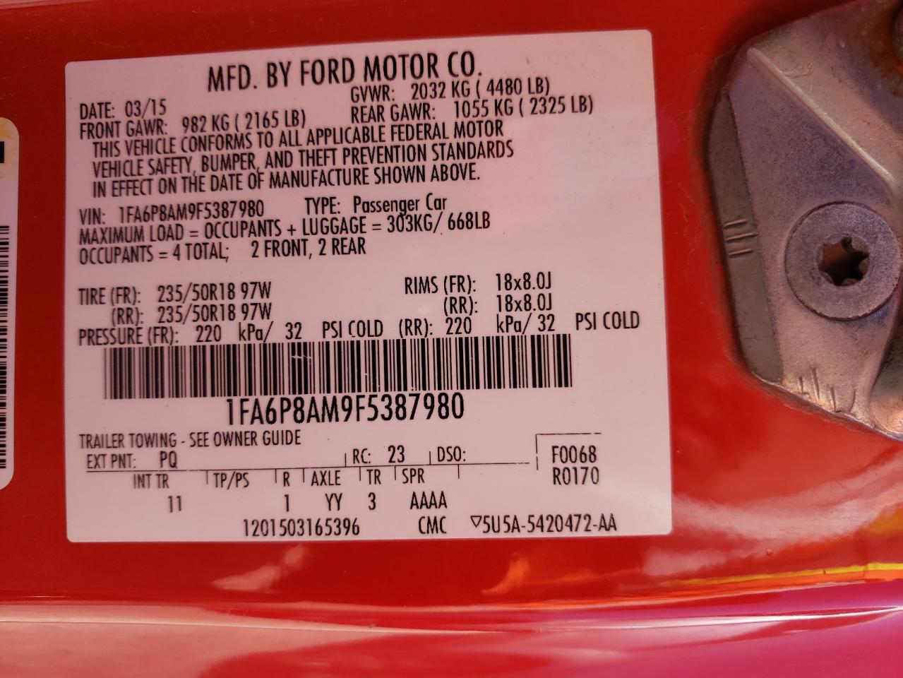 Photo 10 from auction – 2015 FORD MUSTANG with VIN 1FA6P8AM9F5387980
