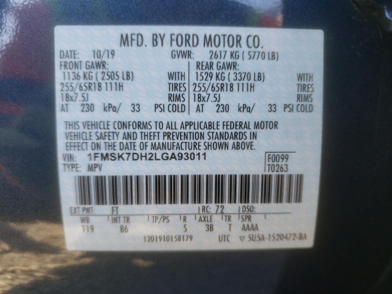 Photo 10 from auction – 2020 FORD EXPLORER X with VIN 1FMSK7DH2LGA93011