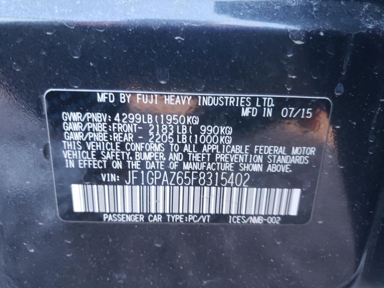 Photo 10 from auction – 2015 SUBARU IMPREZA SP with VIN JF1GPAZ65F8315402