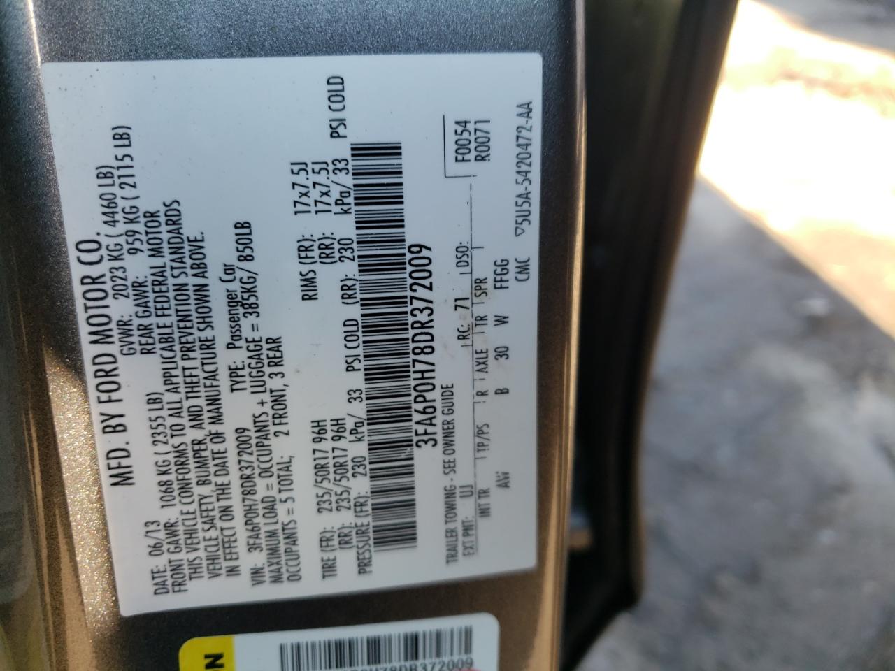 Photo 10 from auction – 2013 FORD FUSION SE with VIN 3FA6P0H78DR372009